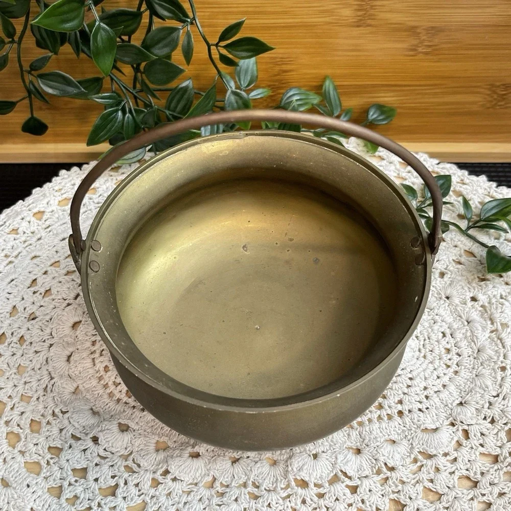 Vintage Brass Cauldron Planter Pot Bucket with Swing Handle Rustic Boho Decor 6